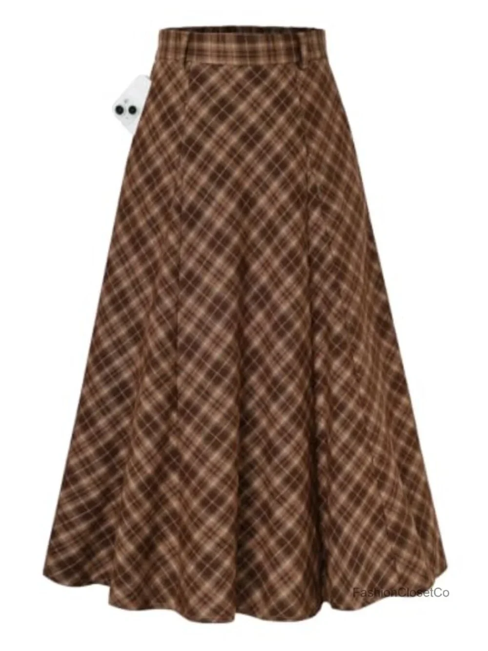 Plaid Midi Skirt High Waist A-Line with Pockets Women's Fall Winter